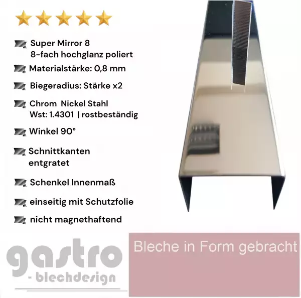 Edelstahl U Schiene 0,8 mm stark hochglanzpoliert Spiegelglanz